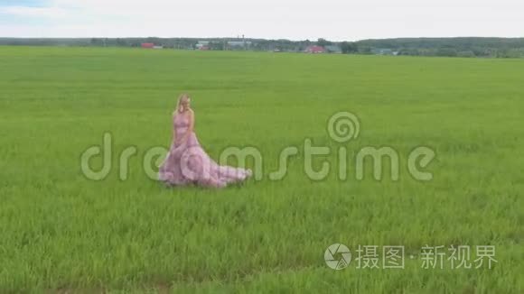 美丽的浪漫女孩站在田野里视频