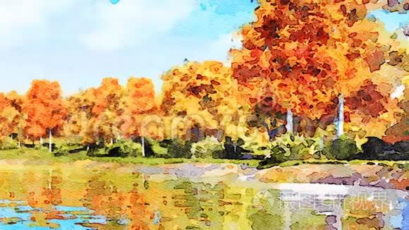 带有秋树和湖泊的水色景观视频