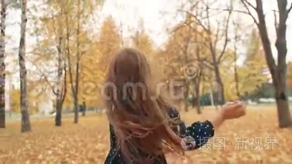 快乐可爱的卷发小女孩，穿着圆点花纹的裙子穿过公园里的秋巷