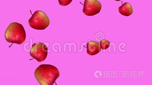 美丽的抽象彩色动画的红苹果下降和旋转的粉红色背景。