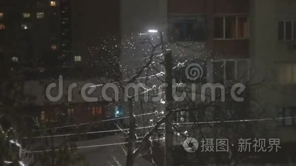 夜间大雪在假日的路灯旁闪烁视频