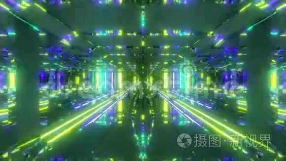 带有酷炫反射和玻璃底部3d渲染活壁纸运动的超启发式太空神庙隧道走廊
