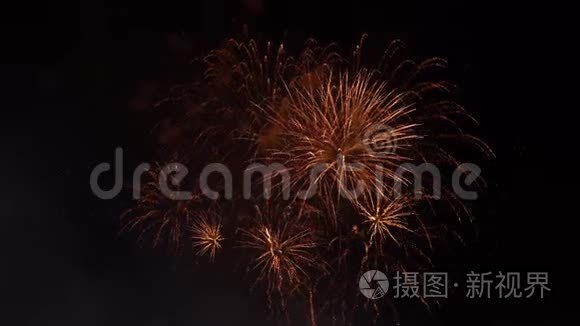 透明背景上的抽象金色烟花爆炸。 新年庆祝烟火。