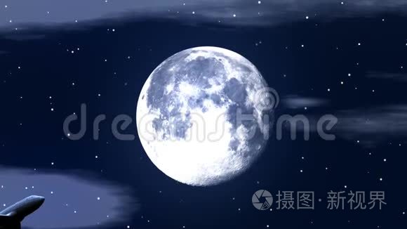 星空下飞越月球的飞机动画视频