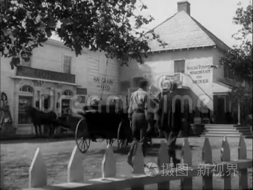 一匹宽射马和一辆马车穿过城镇视频
