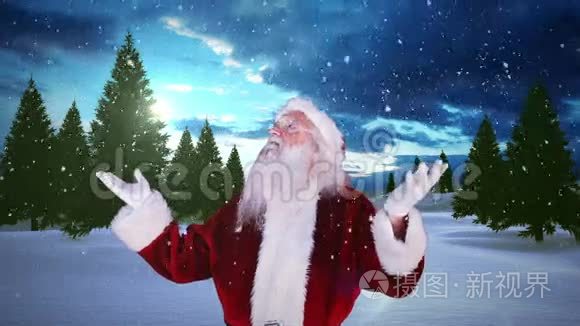 圣诞老人举起双手面对雪杉林