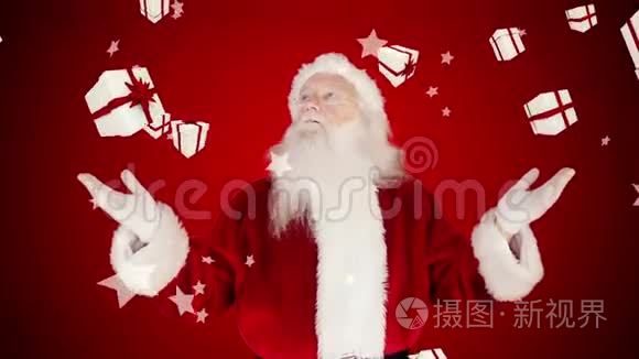圣诞老人举起双手，防止圣诞礼物掉落