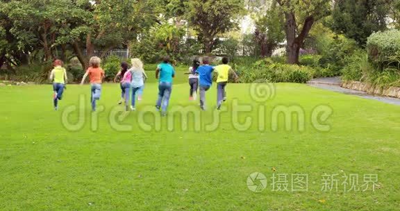 一群可爱的小学生在草地上奔跑视频