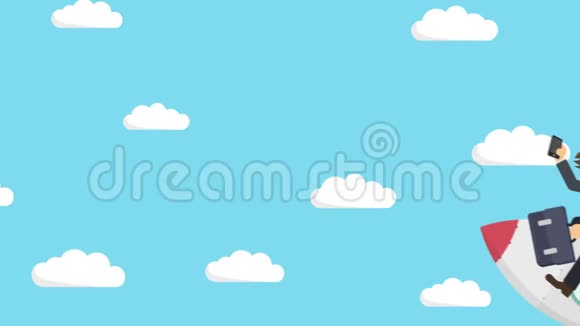 快乐的商人乘火箭穿过蓝天创业飞跃创业理念循环动画风格视频的预览图
