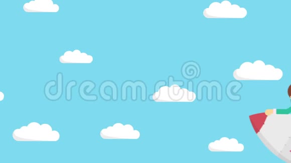 快乐的女商人乘火箭穿过蓝天创业飞跃创业理念循环动画风格视频的预览图