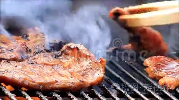 烤架上的猪肉和火鸡肉