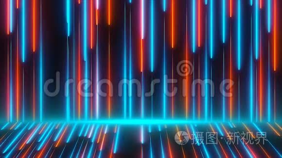 色彩鲜艳的霓虹灯梁在墙上和地板上，现代霓虹灯技术，三维渲染计算机生成