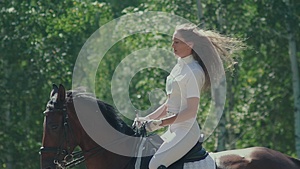 女骑手在马鞍上马走了过去骏马奔驰视频的预览图