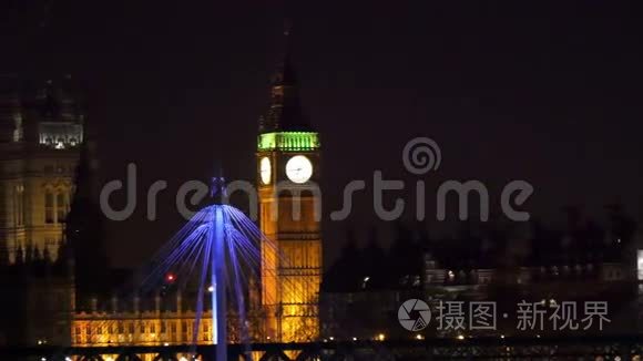 大本钟和威斯敏斯特宫的夜景视频