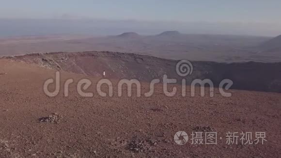 小女孩和她的狗在火山顶上视频