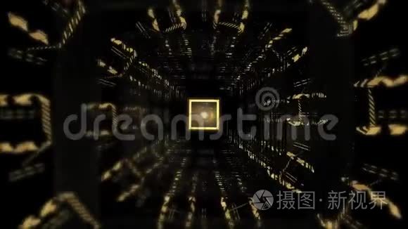 带有线条和光线的金色和黑色运动图形背景的方形隧道