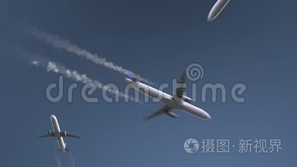 飞行飞机显示旧金山字幕。 去美国旅行概念介绍动画