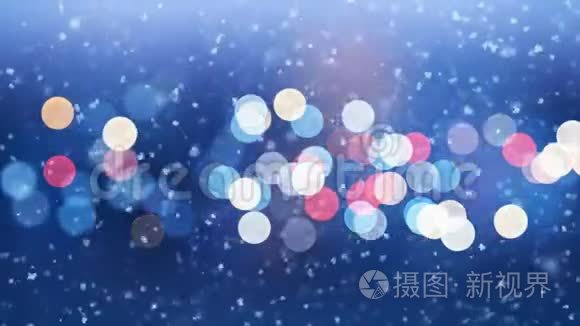 美丽的降雪侧风吹无缝的城市灯光闪烁的背景。 慢动作循环三维动画