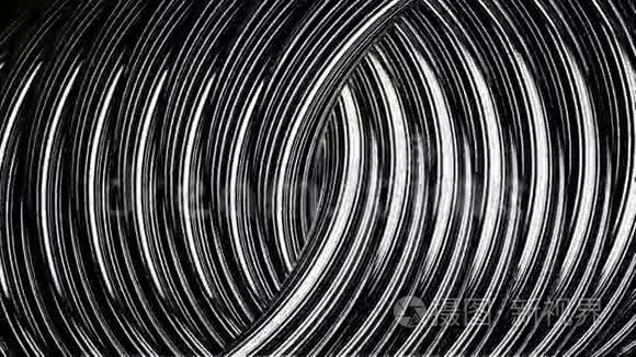 抽象背景的金属扭曲线与白光耀斑，无缝环。 动画。 银色，灰色卷线