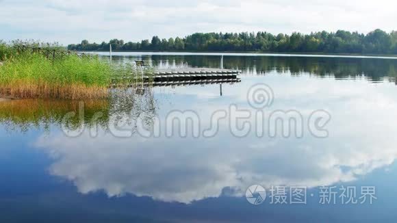 夏天带芦苇的蓝色湖泊。 水面