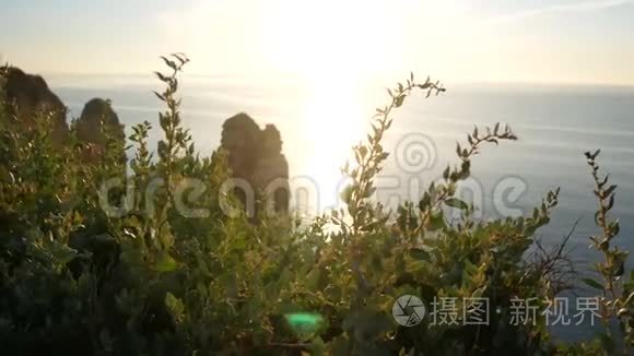 沙滩落日草海.