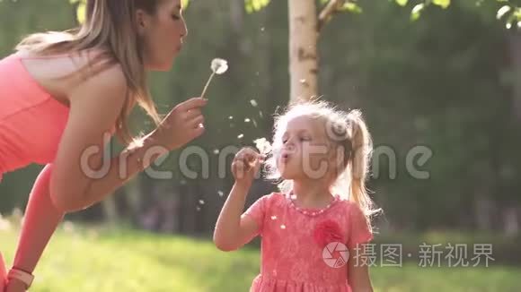 吹蒲公英快乐的妈妈和她的小女儿玩耍，玩得开心年轻的白种人妈妈