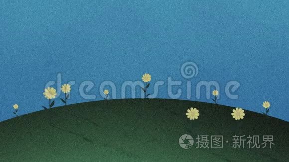 剪草山和花卉复古漫画背景视频