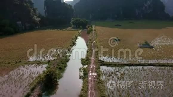 日落期间NinhBinh和TamCoc稻田的空中镜头越南