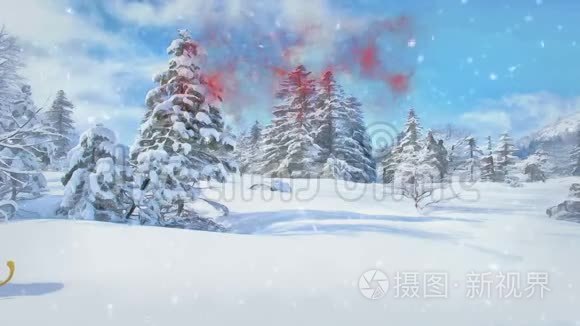 圣诞老人正坐着一辆带礼物的雪橇在森林里骑马。 圣诞快乐，2019年新年快乐。 无缝环。