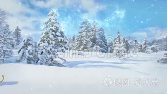 圣诞老人正坐着一辆带礼物的雪橇在森林里骑马。 圣诞快乐，2019年新年快乐。 无缝环。