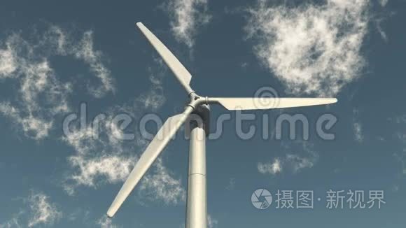 风车涡轮清洁，绿色风能，新动力，白云的特写。