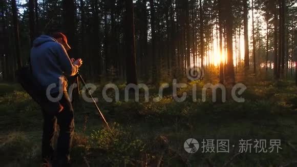 摄影师在春天的寂静森林里拍照视频