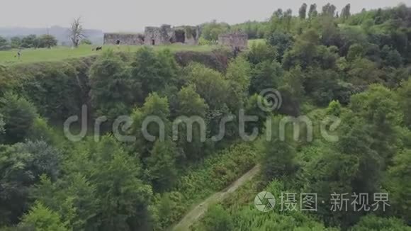 空中镜头视图飞行在秋天的山脉与森林，草地和山丘在日落柔和的光线。 欧洲