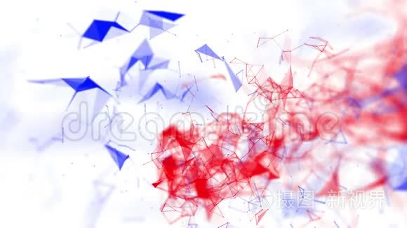 红色和蓝色的粒子在白色背景下缓慢飞行。动画摘要。三维渲染