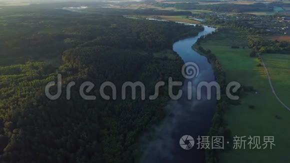 绿色草地河流的空中地貌视频