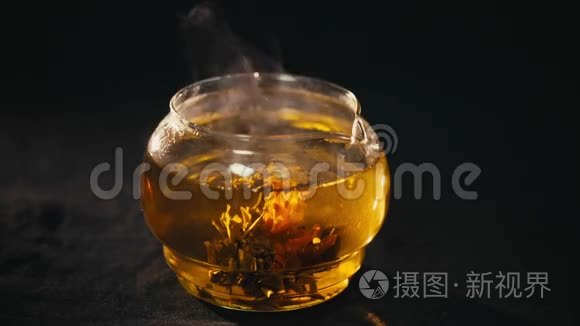 绿茶花在玻璃茶壶中绽放视频