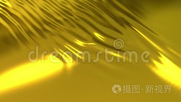 金色丝质织物在空气中缓慢地形成美丽的褶皱。 4k三维动画波状表面形成波纹，如