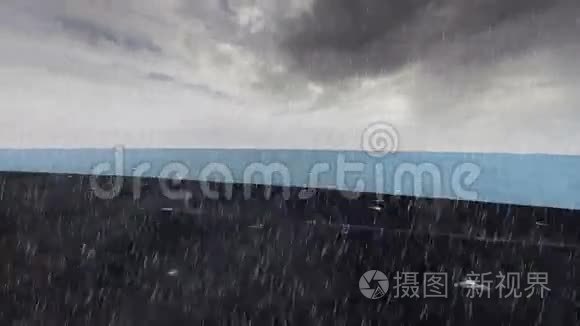 水泥岛上的摩天大楼被大雨淹没视频