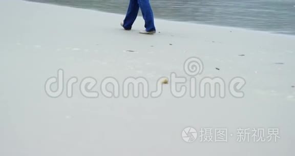 高级妇女在海滩散步的后景