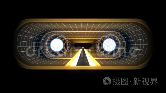 通过VR-黄色霓虹灯蓝色网格绿色灯光网络隧道HUD界面运动图形动画