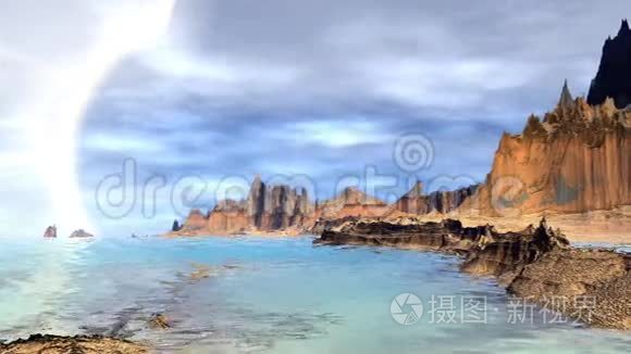 幻想外星人星球。 岩石和湖泊。 3D示例。 4K
