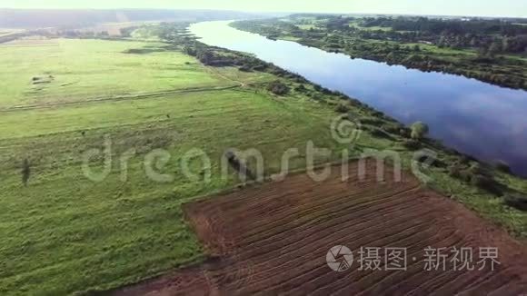 绿色草地河流的空中地貌视频