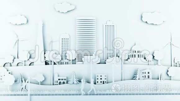 纸质卡通城市与风力涡轮机。 生态概念。 现实的4k动画。