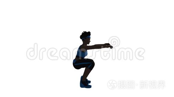 椿阴影三维动画的妇女在健身器材做空气蹲。