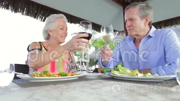 高级夫妇在户外餐厅享用美食视频