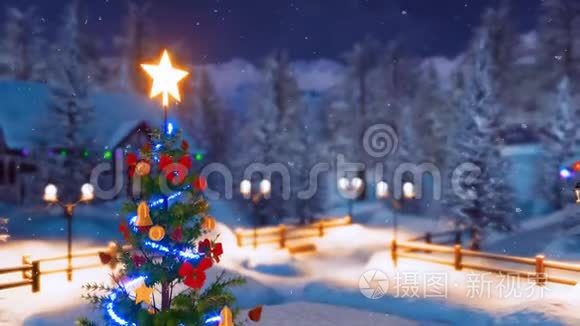 雪夜高寒村的圣诞树视频