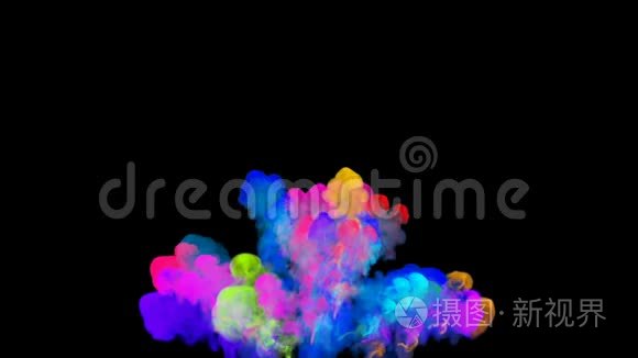 在黑色背景上分离的粉末爆炸。 粒子三维动画作为彩色背景或叠加效果