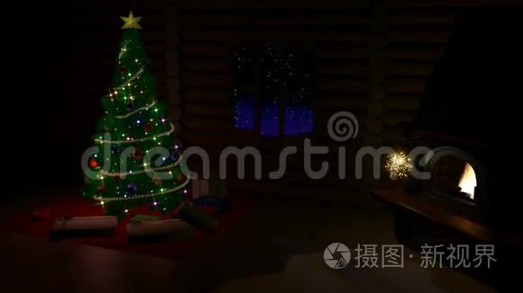 圣诞树、礼品盒和壁炉