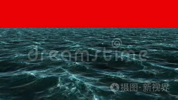 红幕天空下波涛汹涌的蓝色海洋视频