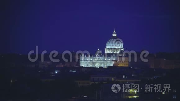 梵蒂冈圣彼得教堂夜晚灯火辉煌视频